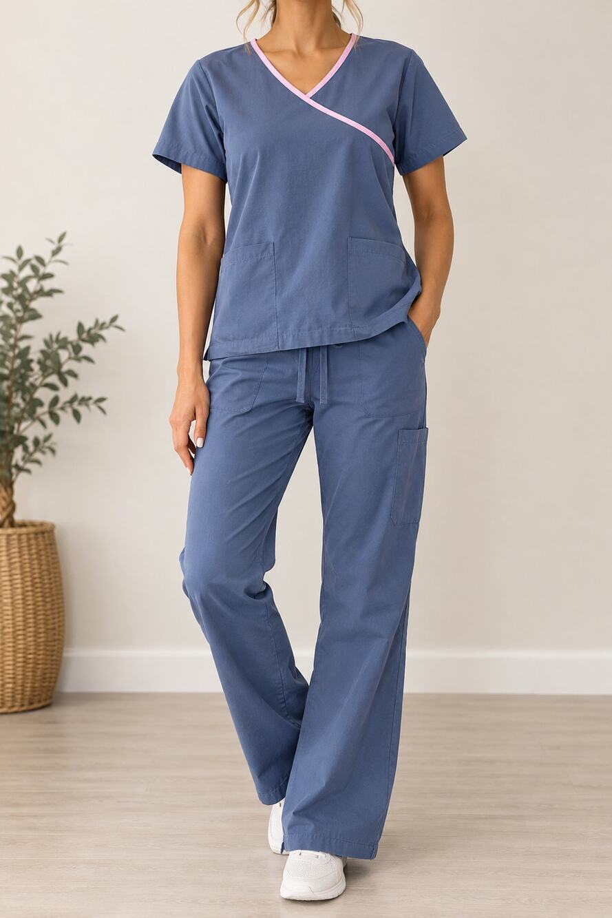 ust Love Gray Scrub Set Mock Wrap Top Pink Trim & Cargo Pants Women's M Nursing